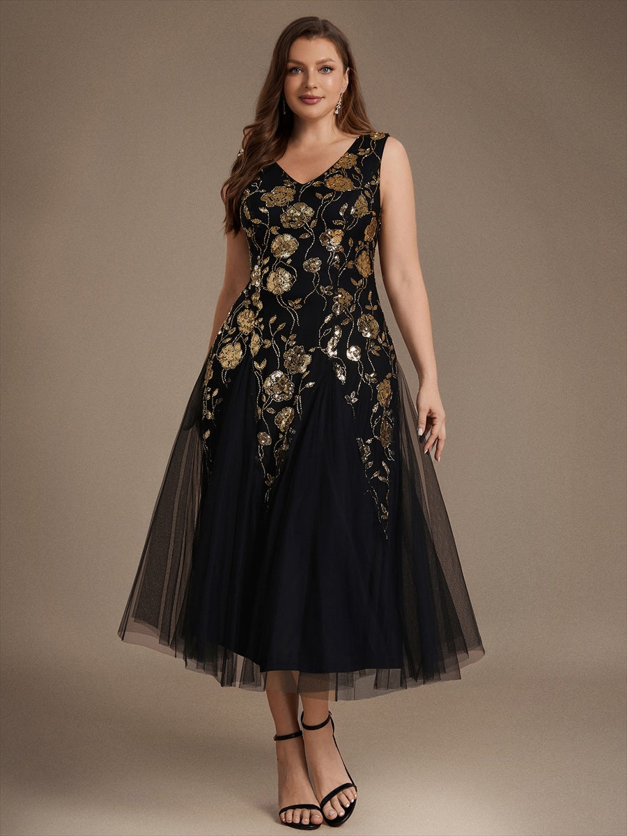 Sequins Col V Sans manches,. Non extensible robe mariage invitée #Couleur_Noir & Or