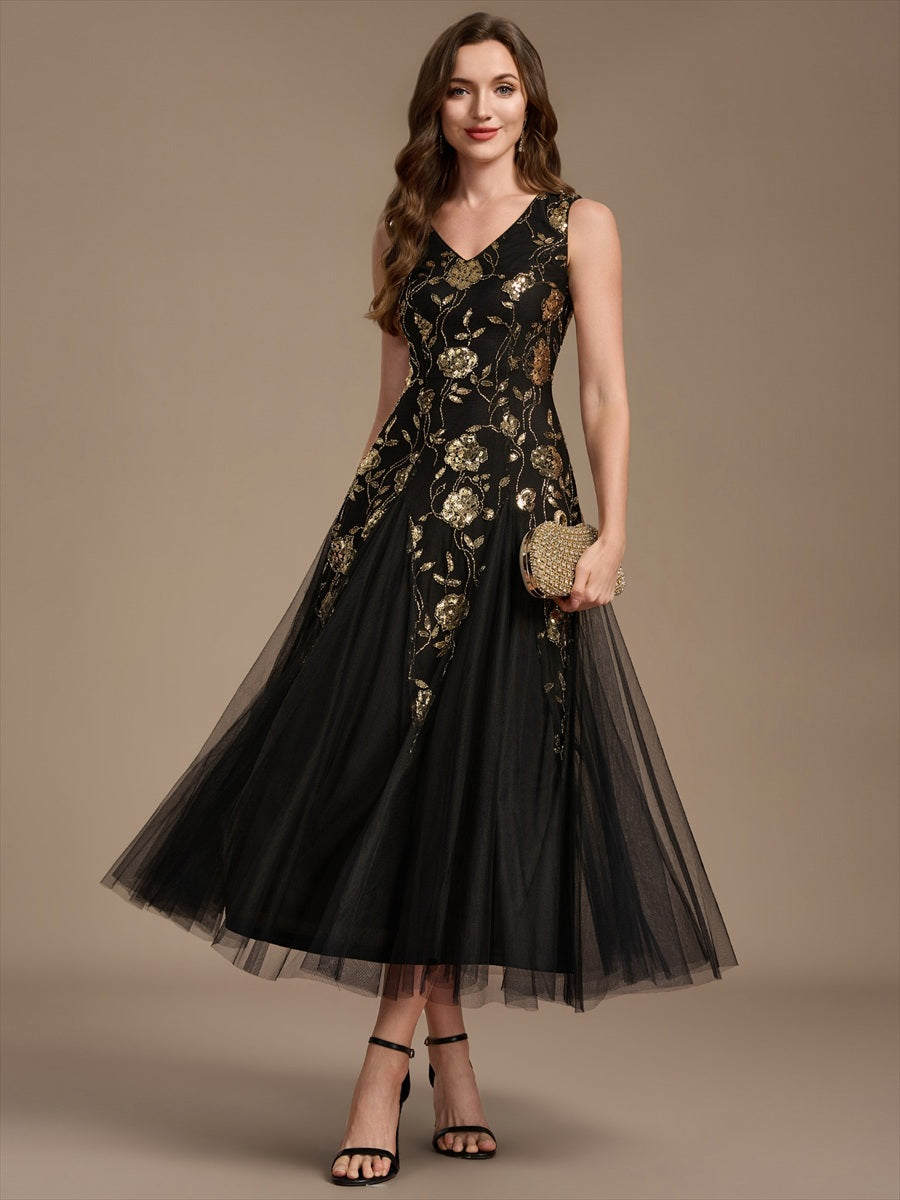 Sequins Col V Sans manches,. Non extensible robe mariage invitée #Couleur_Noir & Or