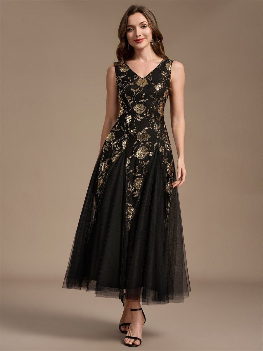 Sequins Col V Sans manches,. Non extensible robe mariage invitée #Couleur_Noir & Or