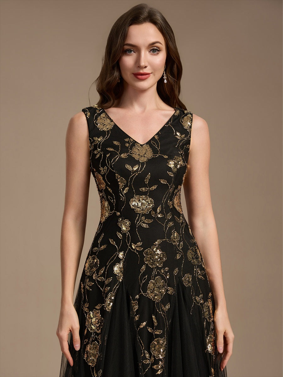 Sequins Col V Sans manches,. Non extensible robe mariage invitée #Couleur_Noir & Or