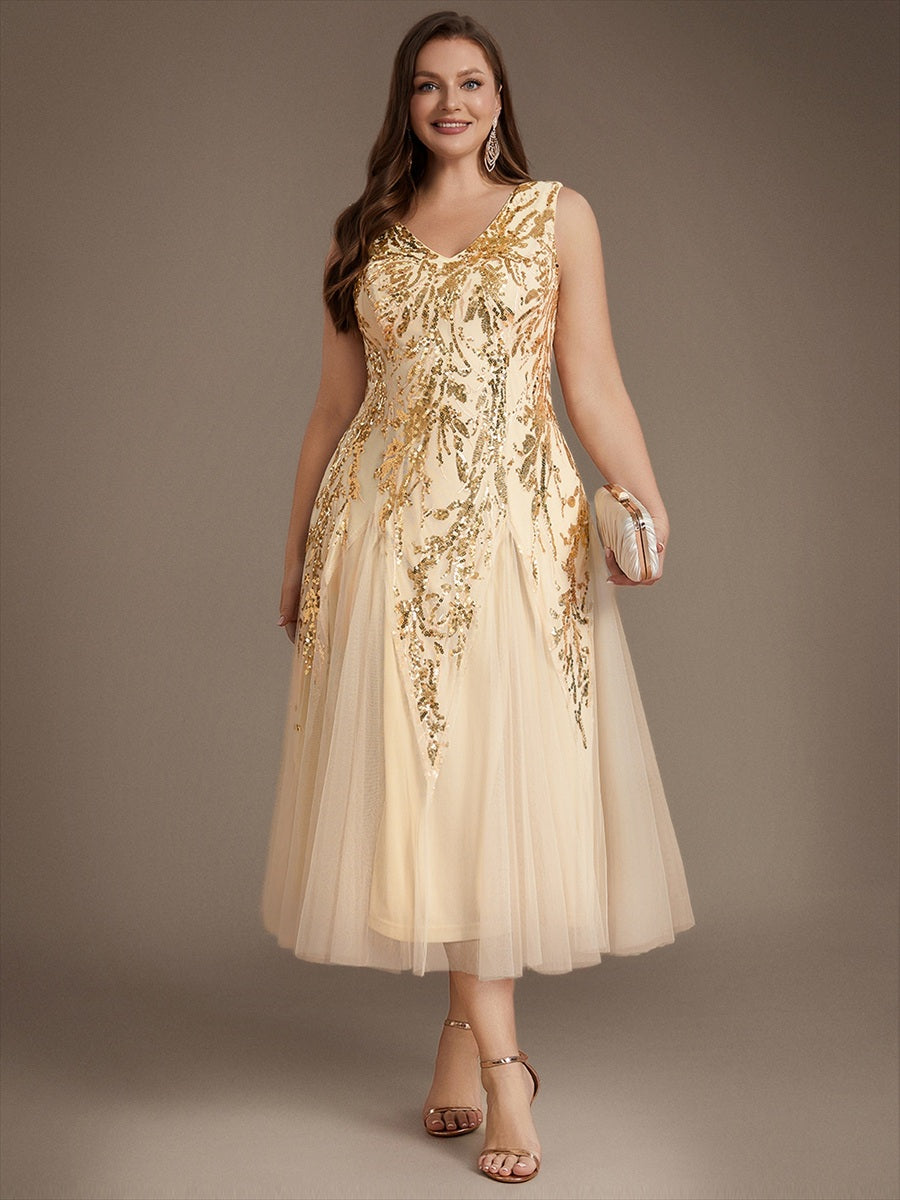 Sequins avec Col V, Coupe trapèze, Sans manches et robe mariage invitée #Couleur_Dorée