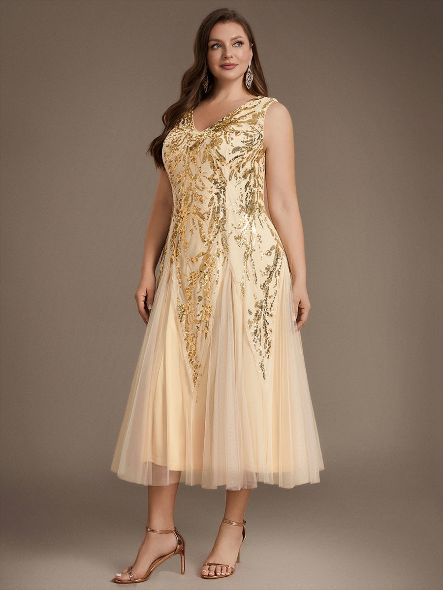 Sequins avec Col V, Coupe trapèze, Sans manches et robe mariage invitée #Couleur_Dorée