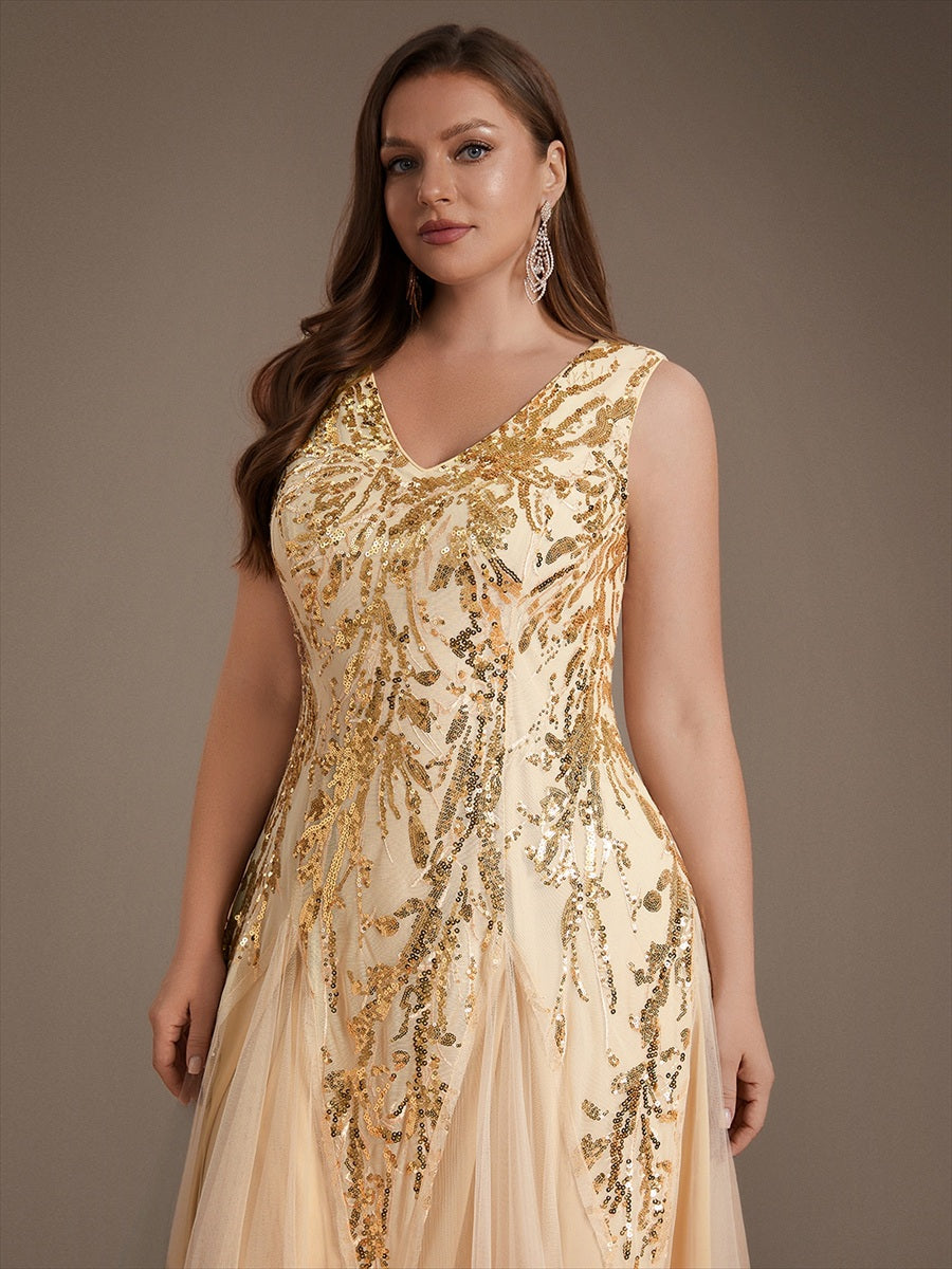 Sequins avec Col V, Coupe trapèze, Sans manches et robe mariage invitée #Couleur_Dorée