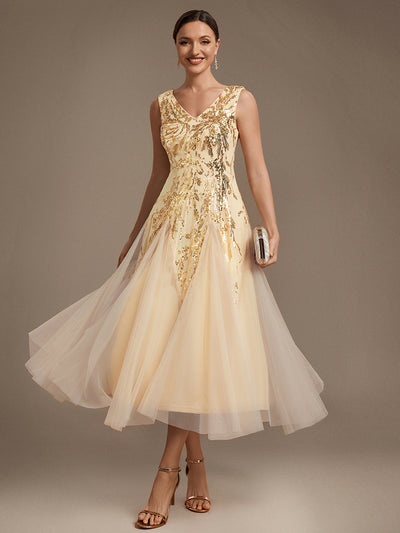 Robe midi à sequins et col en V pour invitée de mariage