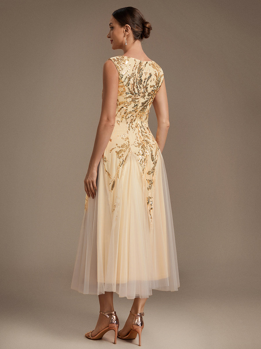 Sequins avec Col V, Coupe trapèze, Sans manches et robe mariage invitée #Couleur_Dorée