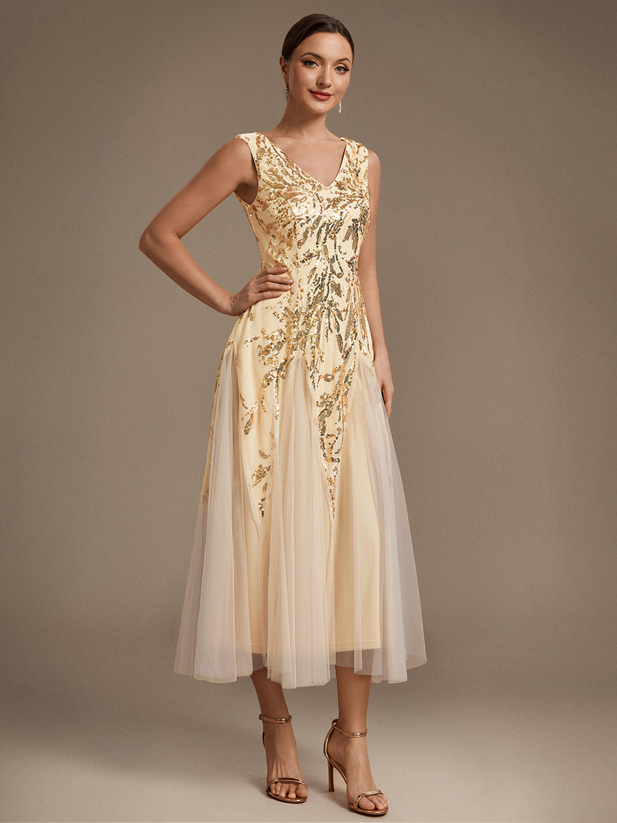 Sequins avec Col V, Coupe trapèze, Sans manches et robe mariage invitée #Couleur_Dorée