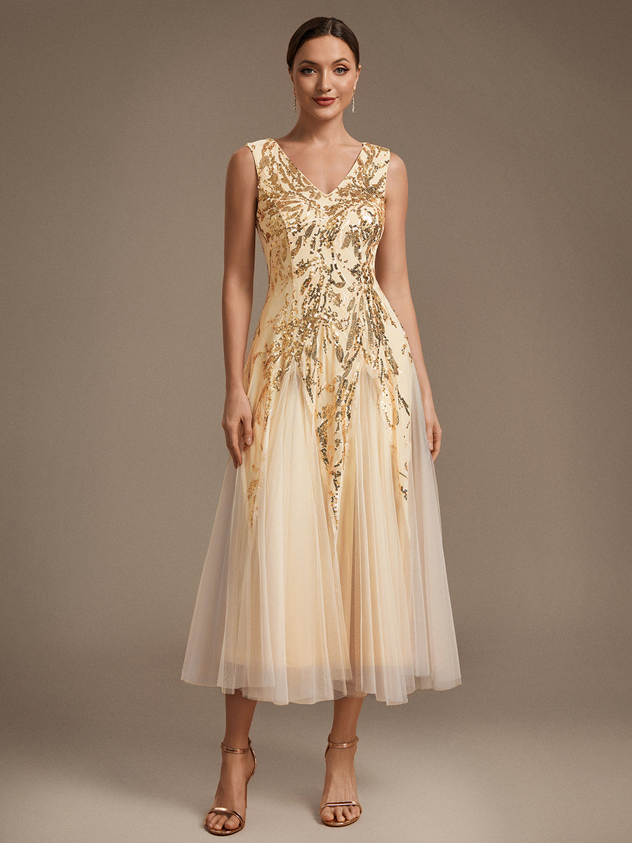 Sequins avec Col V, Coupe trapèze, Sans manches et robe mariage invitée #Couleur_Dorée