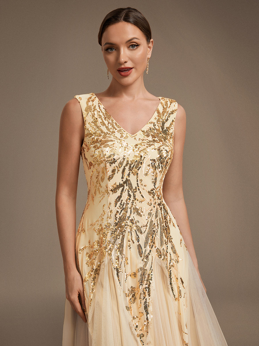 Sequins avec Col V, Coupe trapèze, Sans manches et robe mariage invitée #Couleur_Dorée