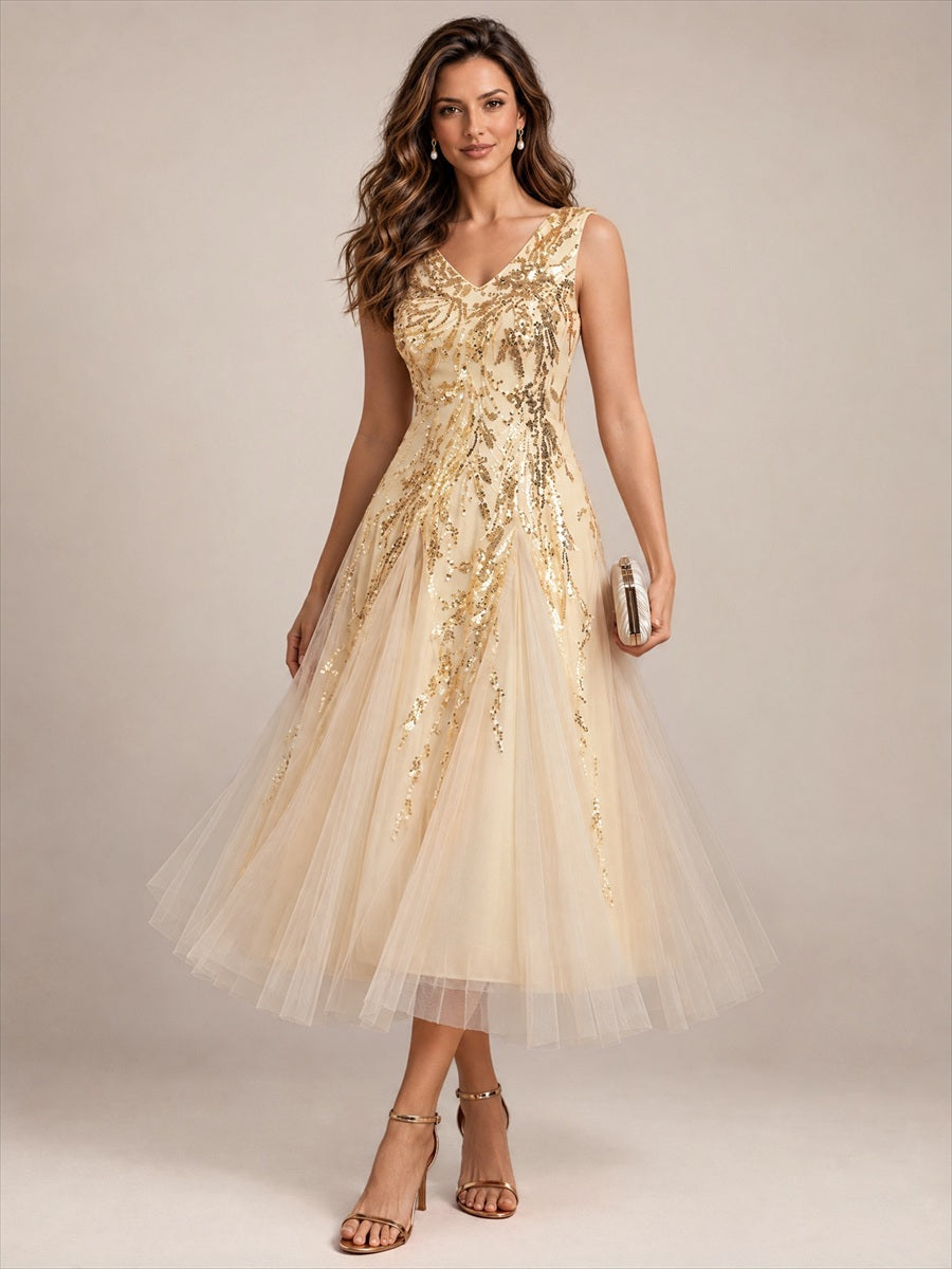 Sequins avec Col V, Coupe trapèze, Sans manches et robe mariage invitée #Couleur_Dorée