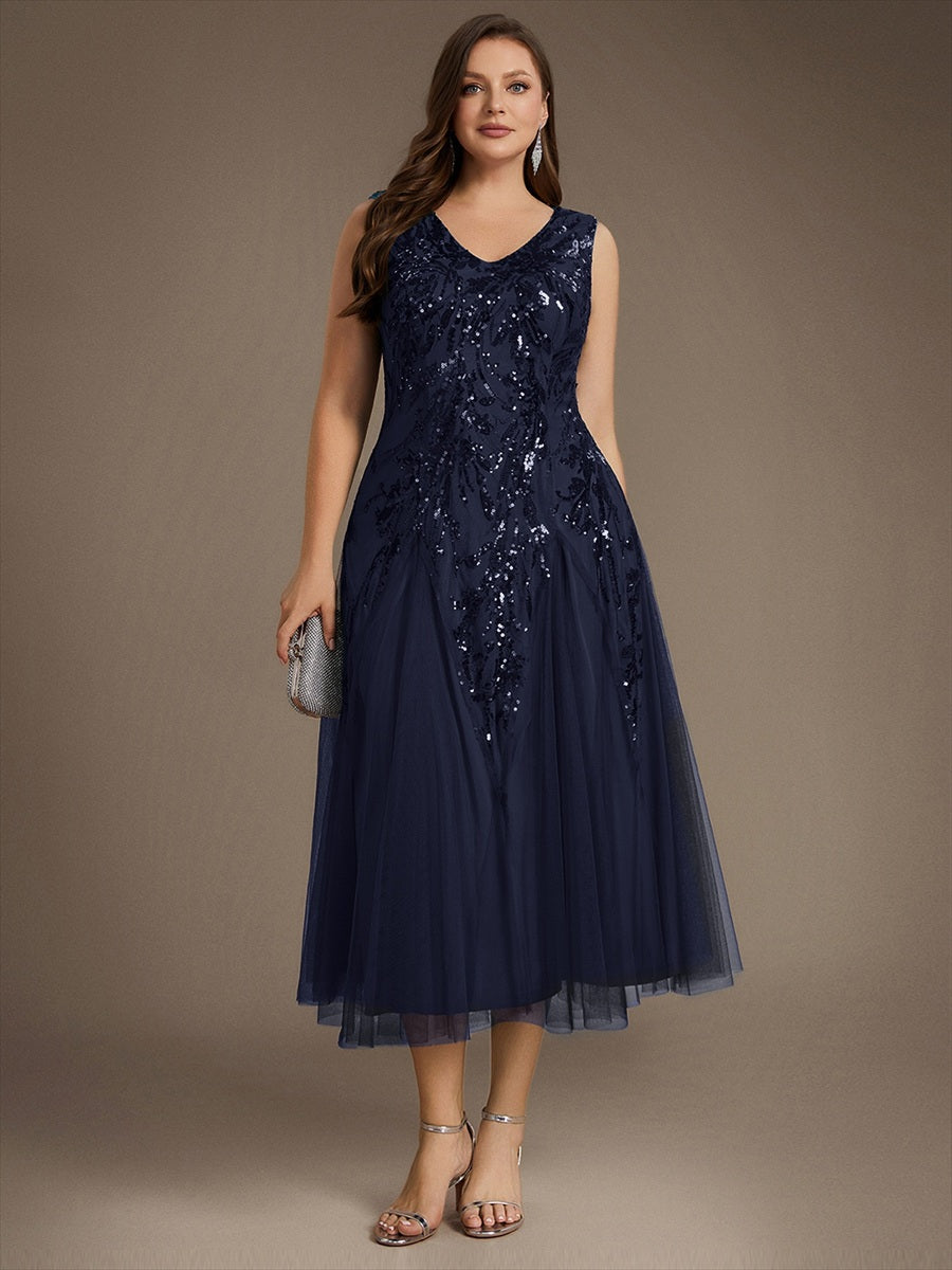 Sequins avec Col V, Coupe trapèze, Sans manches et robe mariage invitée #Couleur_Bleu Marine