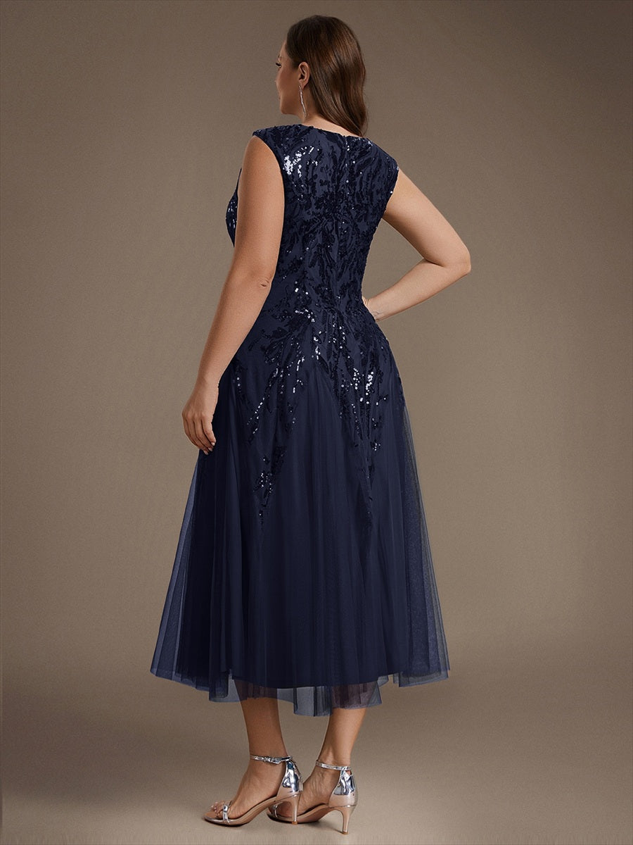 Sequins avec Col V, Coupe trapèze, Sans manches et robe mariage invitée #Couleur_Bleu Marine