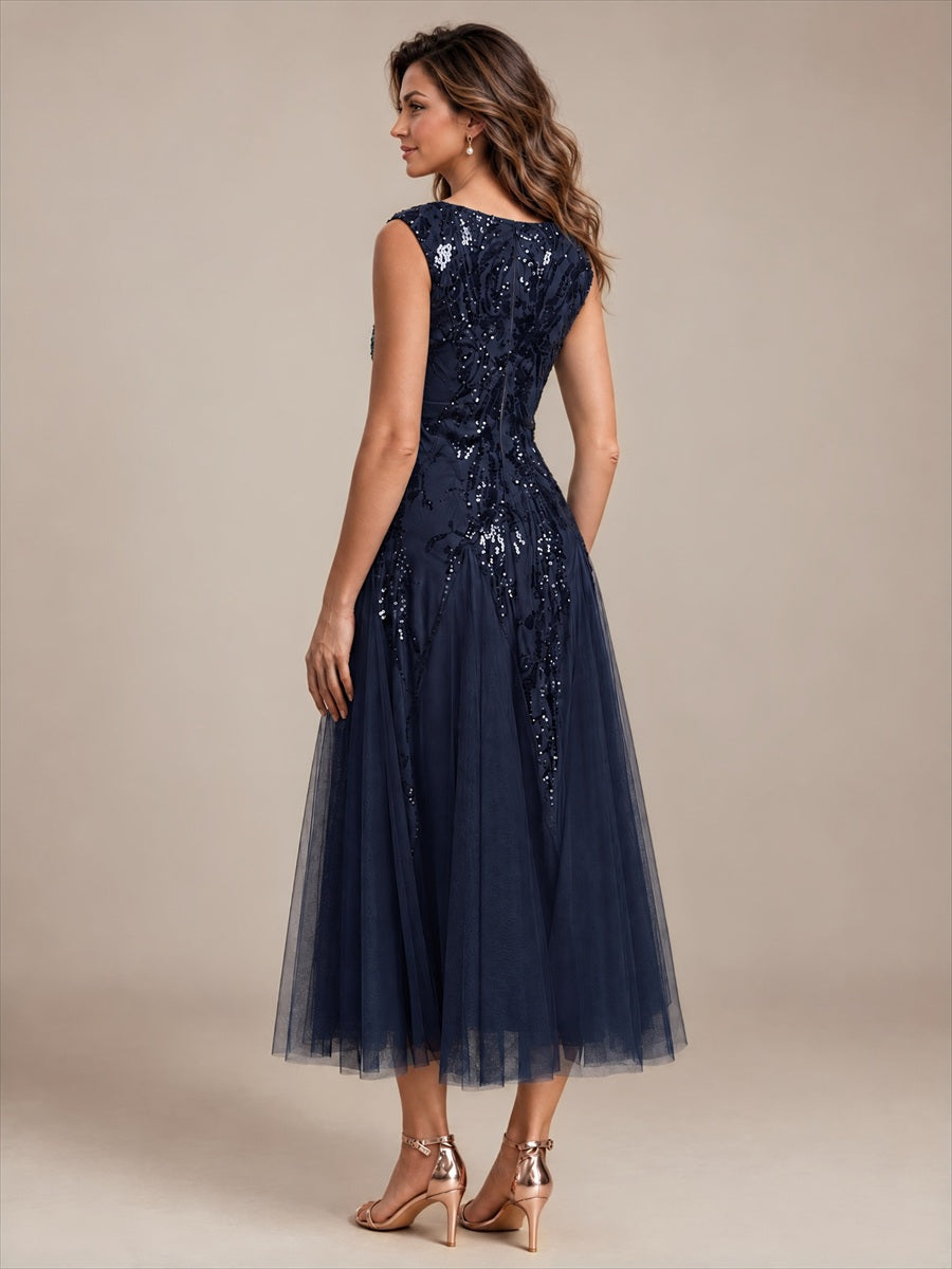 Sequins avec Col V, Coupe trapèze, Sans manches et robe mariage invitée #Couleur_Bleu Marine