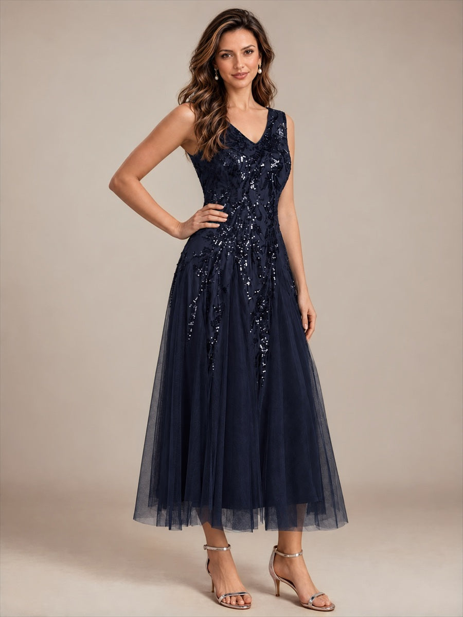Sequins avec Col V, Coupe trapèze, Sans manches et robe mariage invitée #Couleur_Bleu Marine