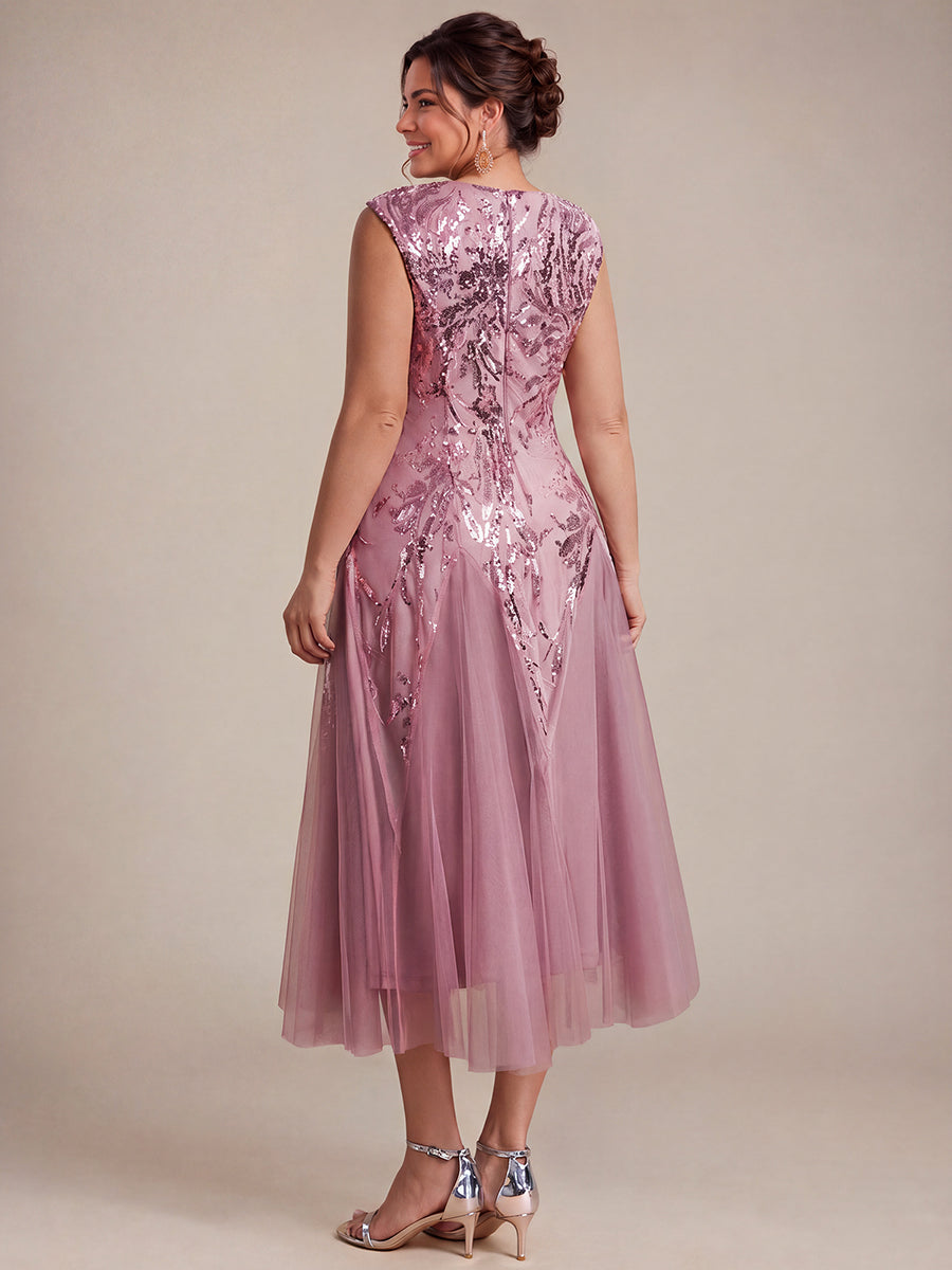 Sequins avec Col V, Coupe trapèze, Sans manches et robe mariage invitée #Couleur_Orchidee