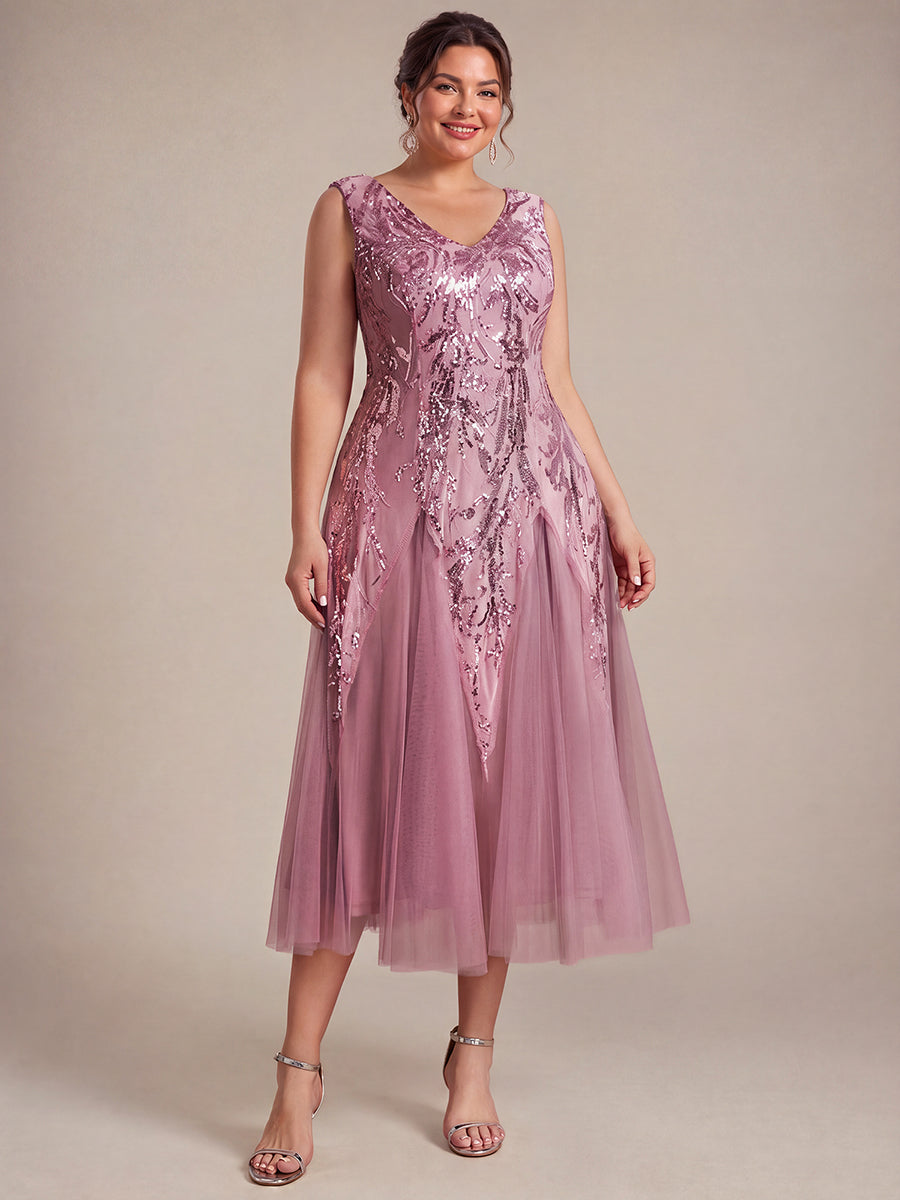 Sequins avec Col V, Coupe trapèze, Sans manches et robe mariage invitée #Couleur_Orchidee
