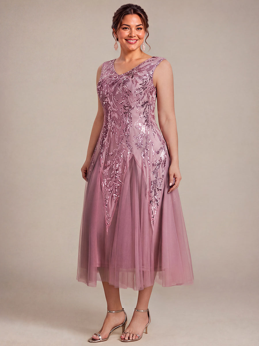 Sequins avec Col V, Coupe trapèze, Sans manches et robe mariage invitée #Couleur_Orchidee