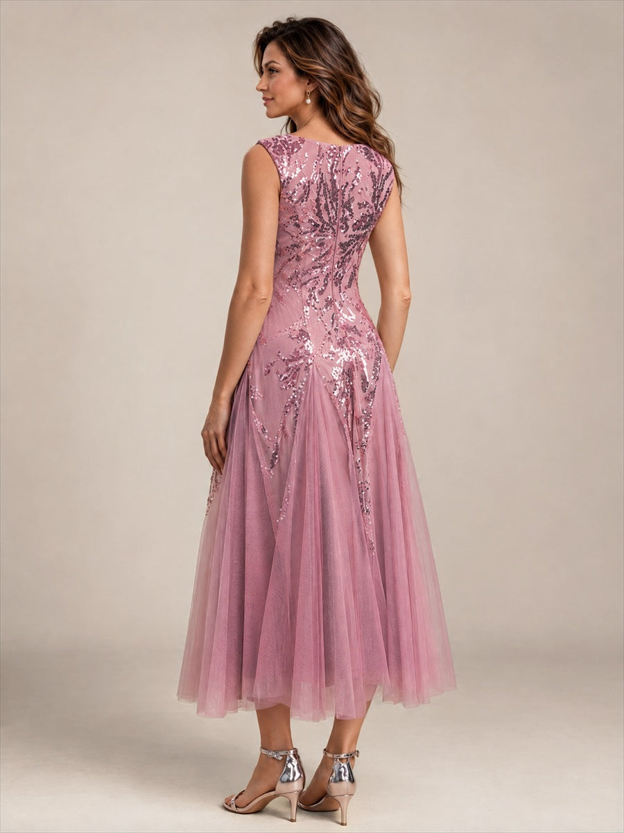 Sequins avec Col V, Coupe trapèze, Sans manches et robe mariage invitée #Couleur_Orchidee