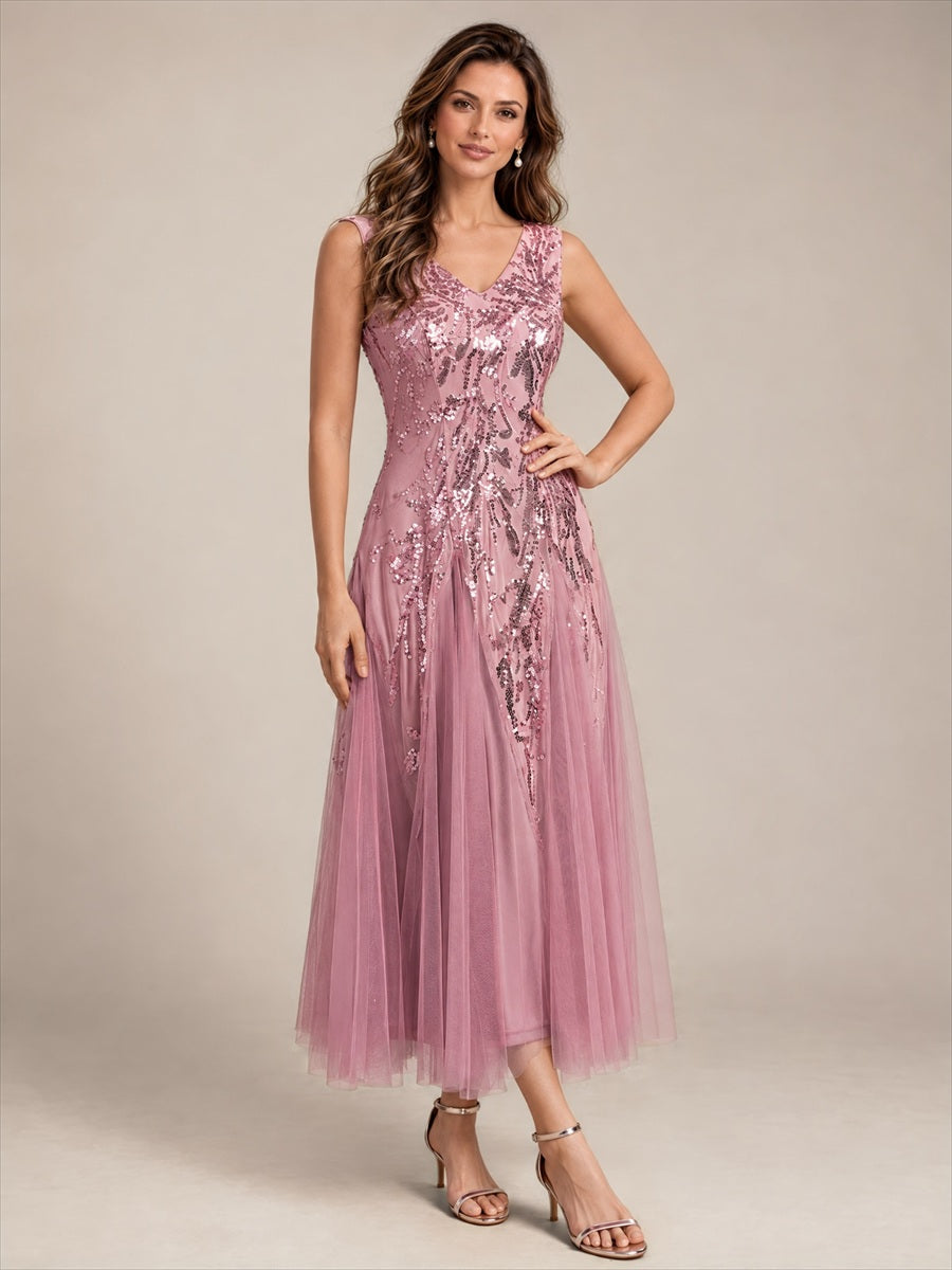 Sequins avec Col V, Coupe trapèze, Sans manches et robe mariage invitée #Couleur_Orchidee