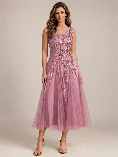 Robe midi à sequins et col en V pour invitée de mariage
