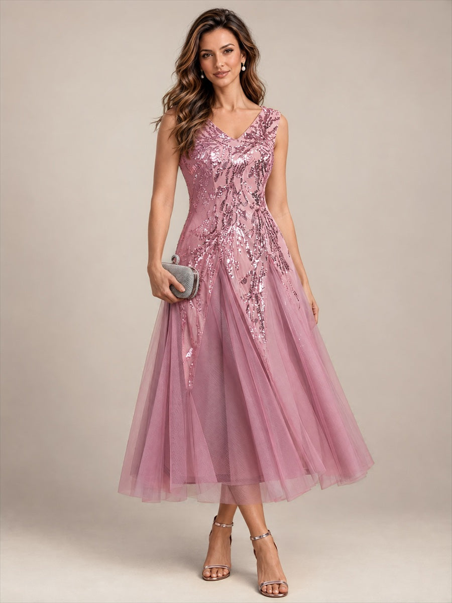 Sequins avec Col V, Coupe trapèze, Sans manches et robe mariage invitée #Couleur_Orchidee