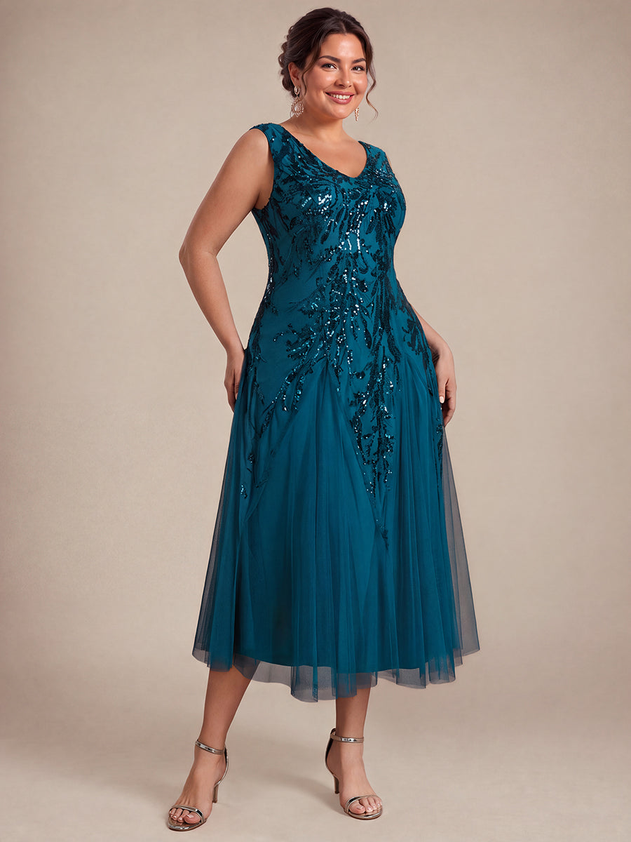 Sequins avec Col V, Coupe trapèze, Sans manches et robe mariage invitée #Couleur_Bleu Sarcelle