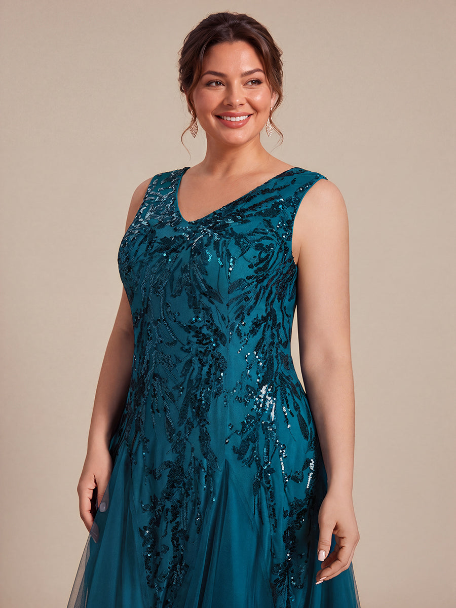 Sequins avec Col V, Coupe trapèze, Sans manches et robe mariage invitée #Couleur_Bleu Sarcelle