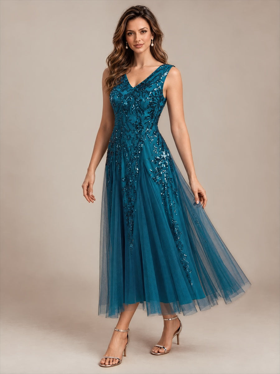 Sequins avec Col V, Coupe trapèze, Sans manches et robe mariage invitée #Couleur_Bleu Sarcelle