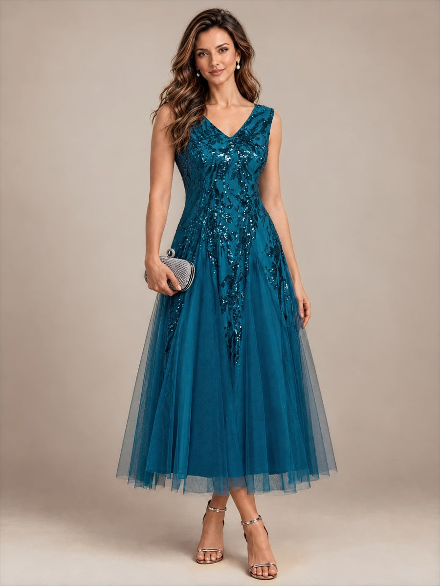 Sequins avec Col V, Coupe trapèze, Sans manches et robe mariage invitée #Couleur_Bleu Sarcelle