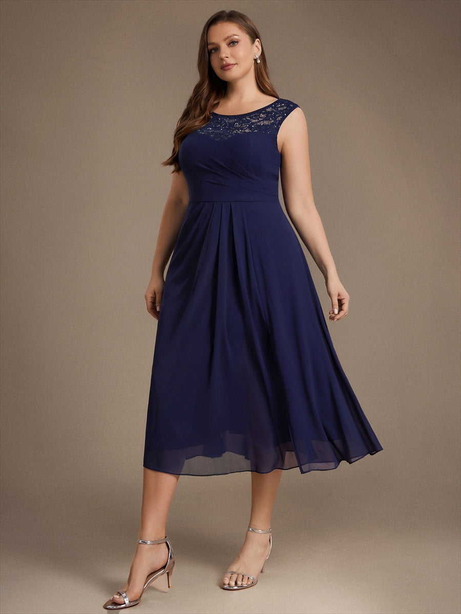 Mousseline avec Coupe trapèze, Sans manches et robe mariage invitée #Couleur_Bleu Marine