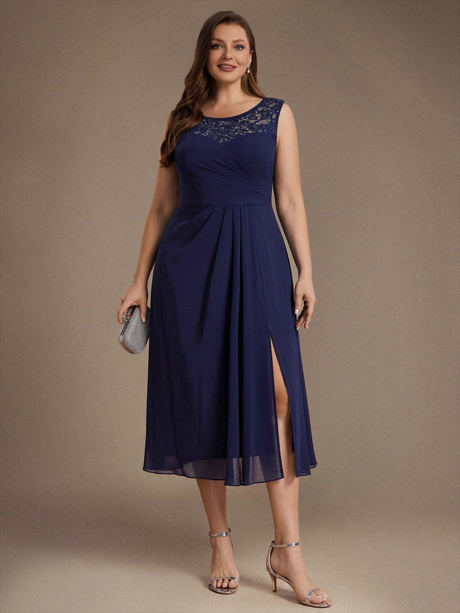 Mousseline avec Coupe trapèze, Sans manches et robe mariage invitée #Couleur_Bleu Marine