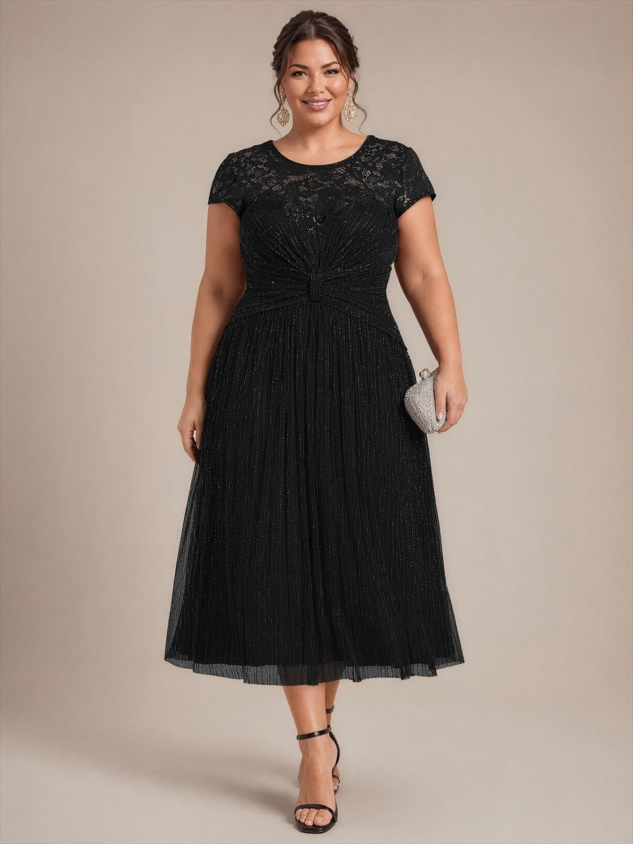 Robe midi à manches courtes col rond avec coupe évasée et tissu extensible #Couleur_Noir