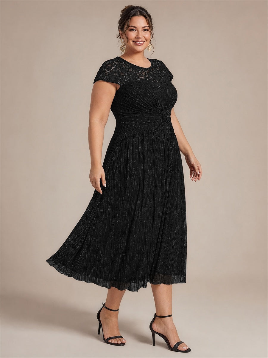 Robe midi à manches courtes col rond avec coupe évasée et tissu extensible #Couleur_Noir