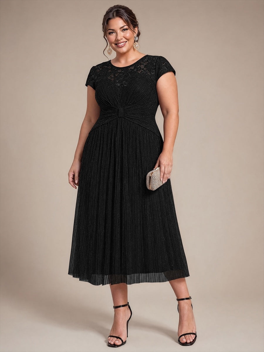 Robe midi à manches courtes col rond avec coupe évasée et tissu extensible #Couleur_Noir