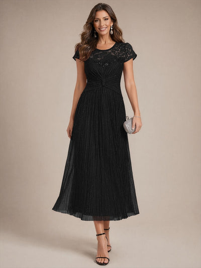 Robe midi en tulle à sequins pour invitée de mariage, à manches courtes