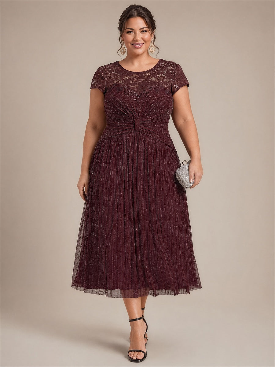 Robe midi à manches courtes col rond avec coupe évasée et tissu extensible #Couleur_Brun acajou