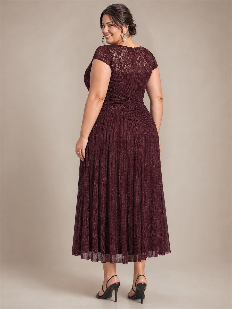 Robe midi à manches courtes col rond avec coupe évasée et tissu extensible #Couleur_Brun acajou