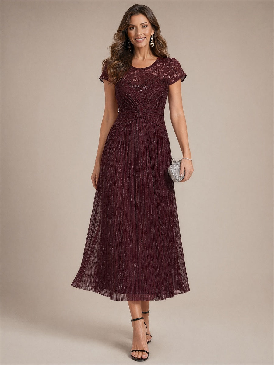 Robe midi à manches courtes col rond avec coupe évasée et tissu extensible #Couleur_Brun acajou