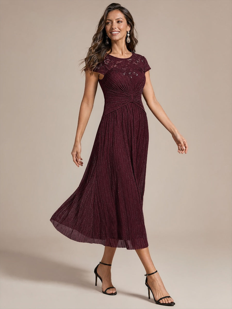 Robe midi à manches courtes col rond avec coupe évasée et tissu extensible #Couleur_Brun acajou