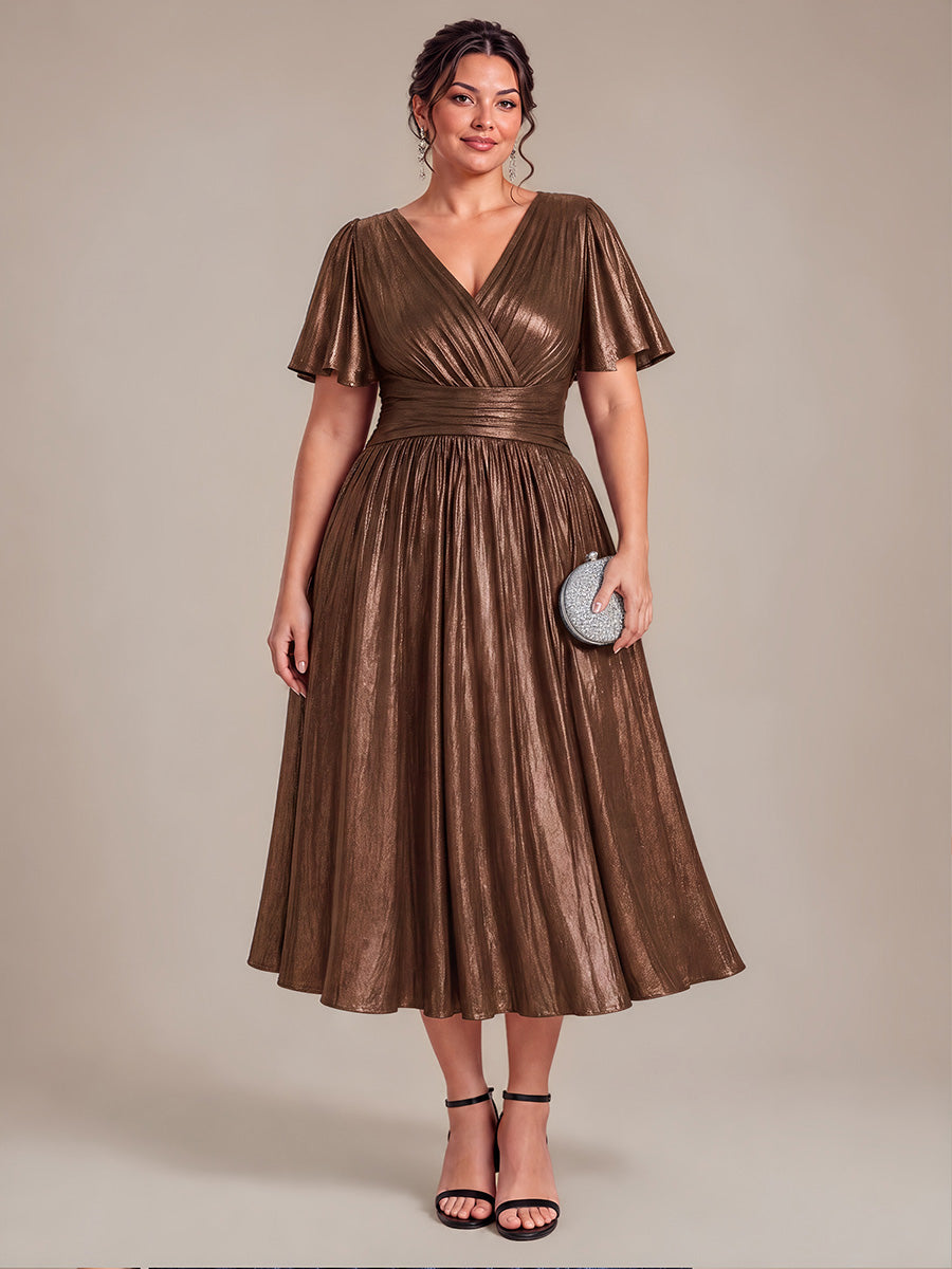 Jersey Col V Manches à Volants Robe Mariage Invitée #Couleur_Marron chocolat