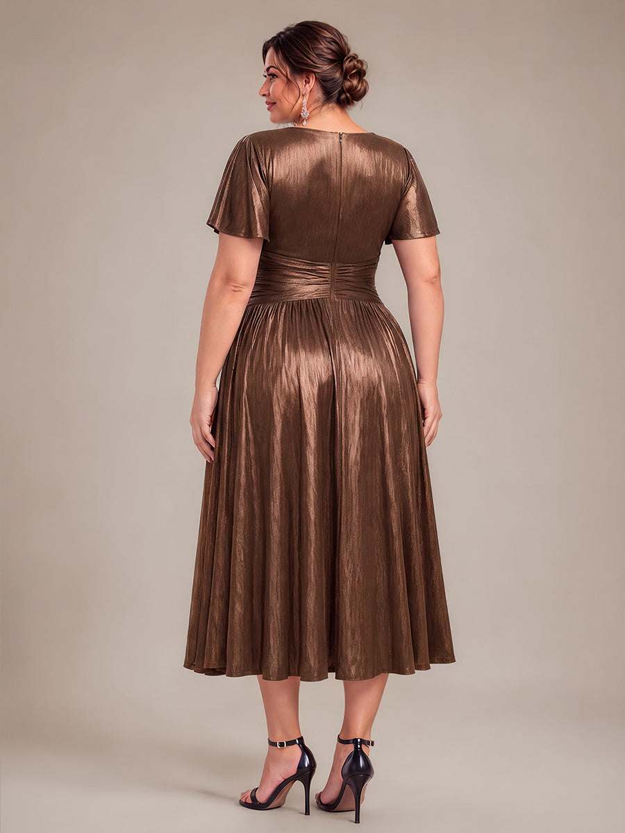 Jersey Col V Manches à Volants Robe Mariage Invitée #Couleur_Marron chocolat