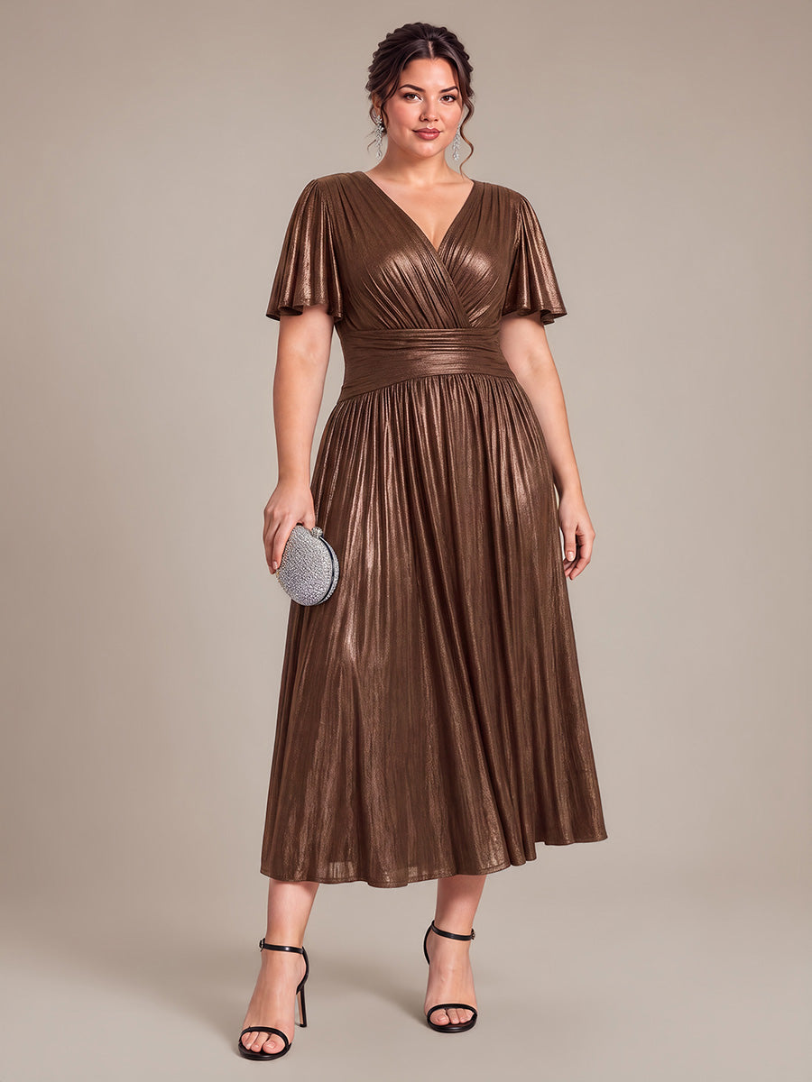Jersey Col V Manches à Volants Robe Mariage Invitée #Couleur_Marron chocolat