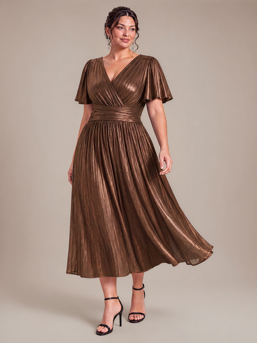 Jersey Col V Manches à Volants Robe Mariage Invitée #Couleur_Marron chocolat