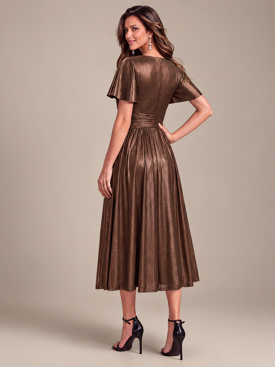 Jersey Col V Manches à Volants Robe Mariage Invitée #Couleur_Marron chocolat