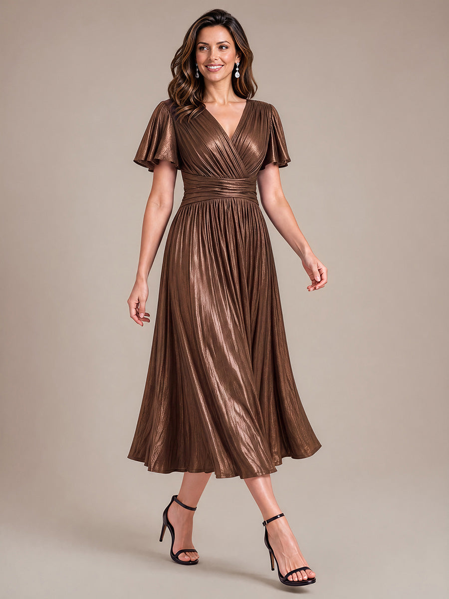 Jersey Col V Manches à Volants Robe Mariage Invitée #Couleur_Marron chocolat