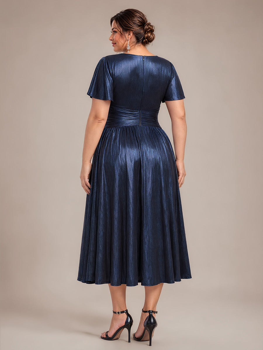 Jersey Col V Manches à Volants Robe Mariage Invitée #Couleur_Bleu Marine