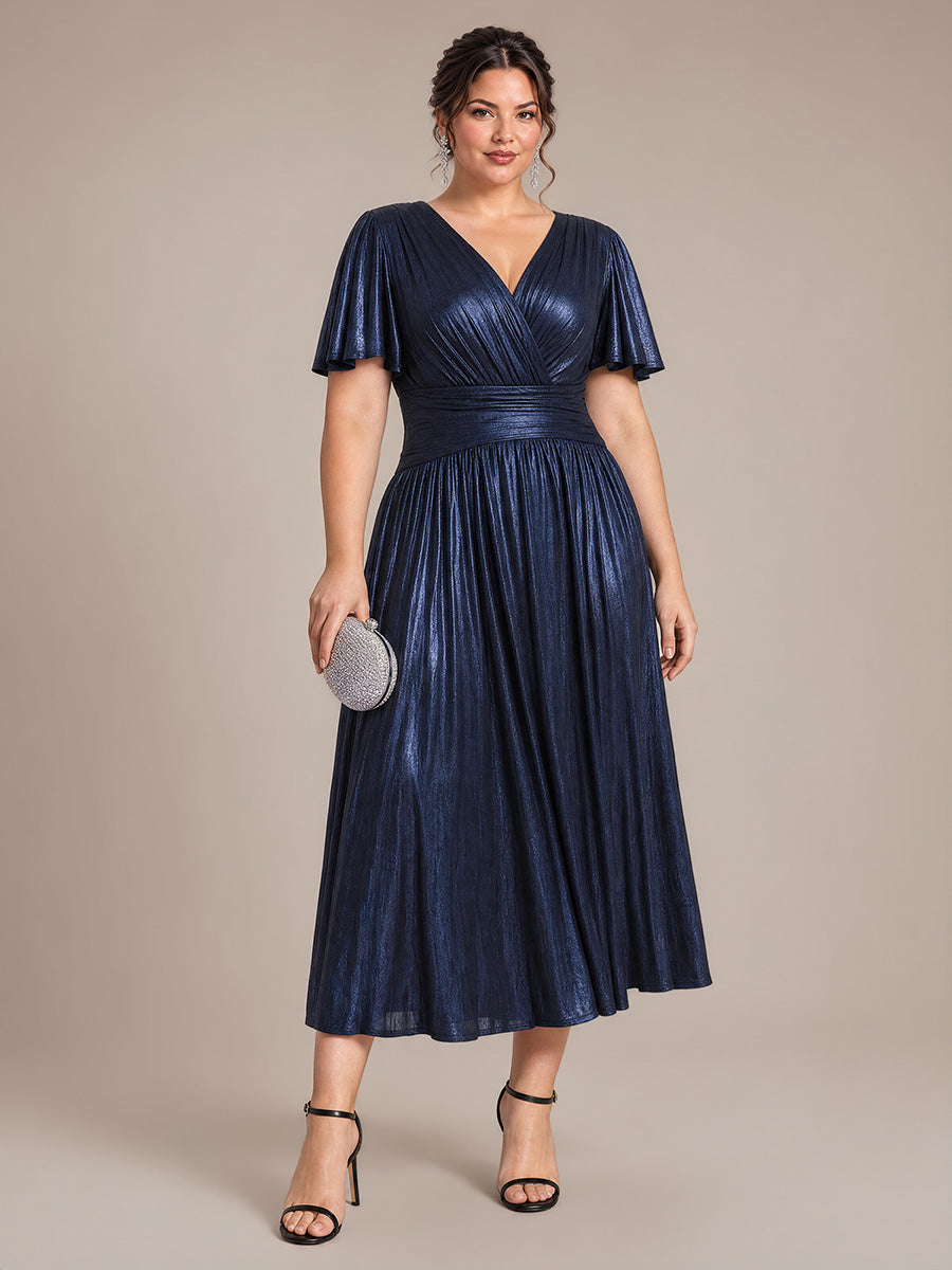 Jersey Col V Manches à Volants Robe Mariage Invitée #Couleur_Bleu Marine