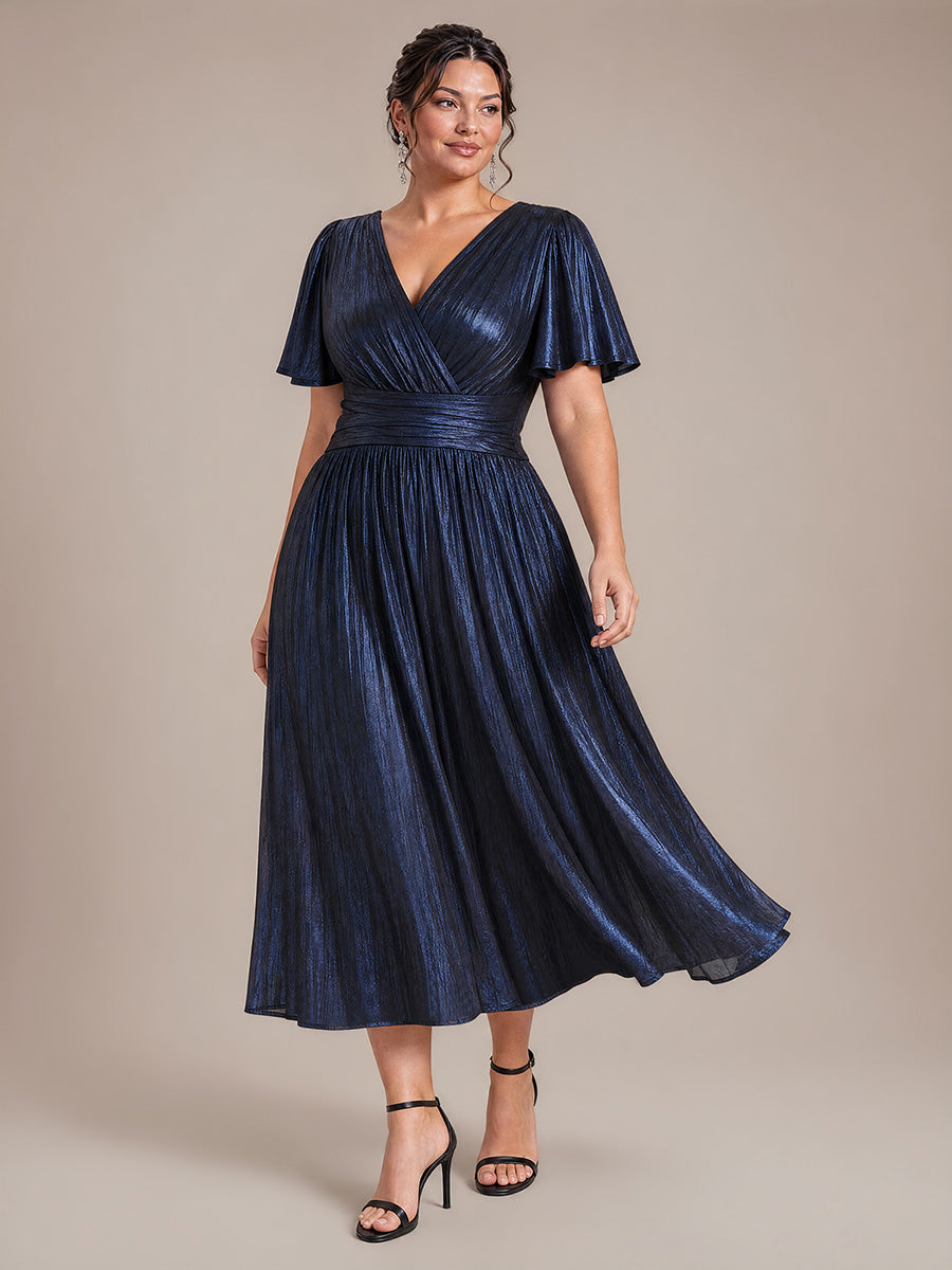 Jersey Col V Manches à Volants Robe Mariage Invitée #Couleur_Bleu Marine