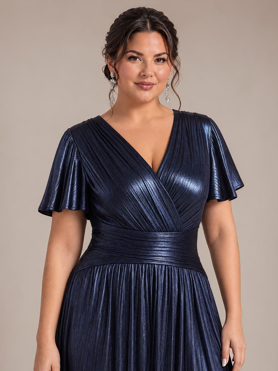 Jersey Col V Manches à Volants Robe Mariage Invitée #Couleur_Bleu Marine