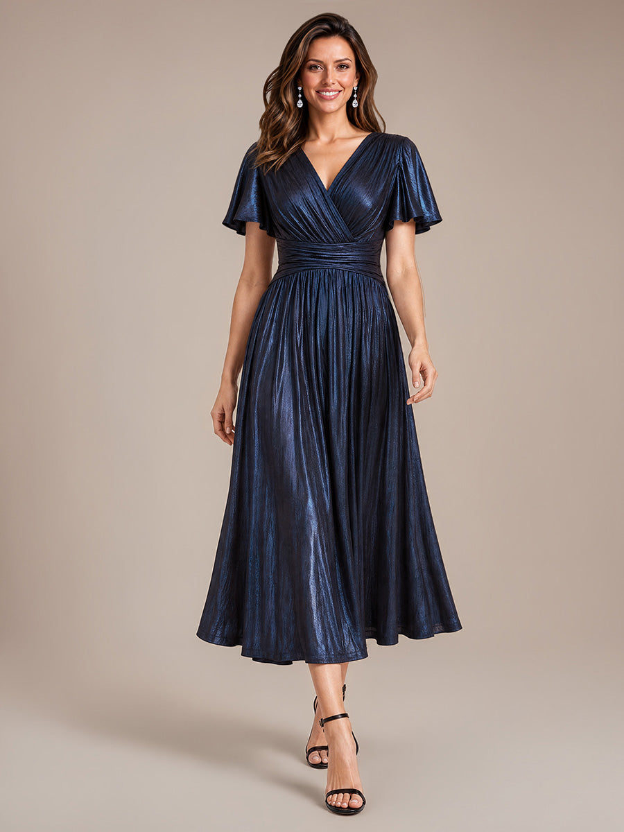 Jersey Col V Manches à Volants Robe Mariage Invitée #Couleur_Bleu Marine