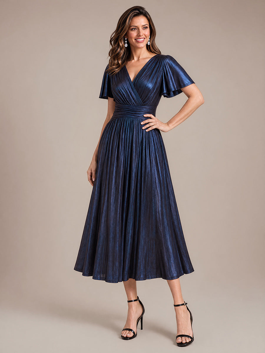 Jersey Col V Manches à Volants Robe Mariage Invitée #Couleur_Bleu Marine
